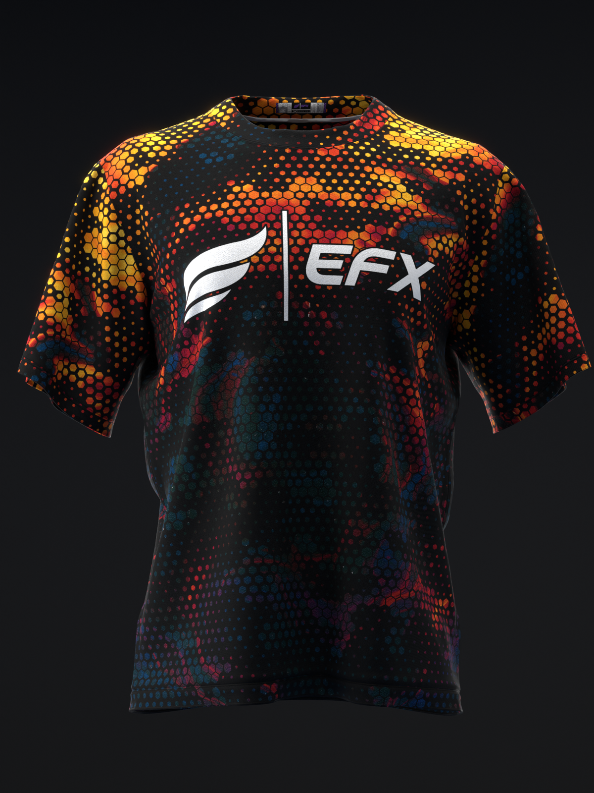 Black bowling jersey with red, orange, and gold hexagonal dot pattern and EFX logo