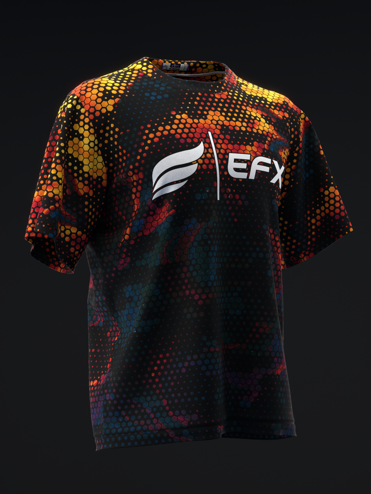Black bowling jersey with colorful hexagonal pattern and EFX logo, front view