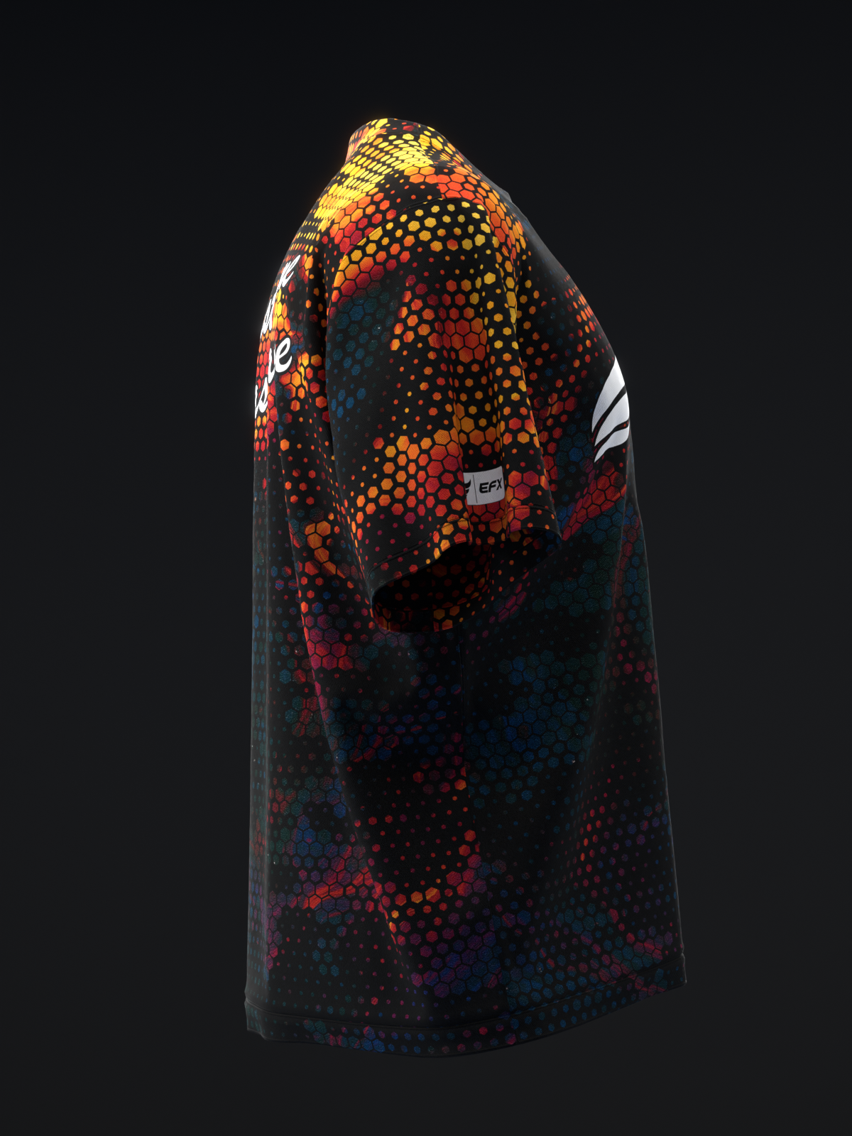 Black bowling jersey with yellow, orange, and red dotted pattern, back view
