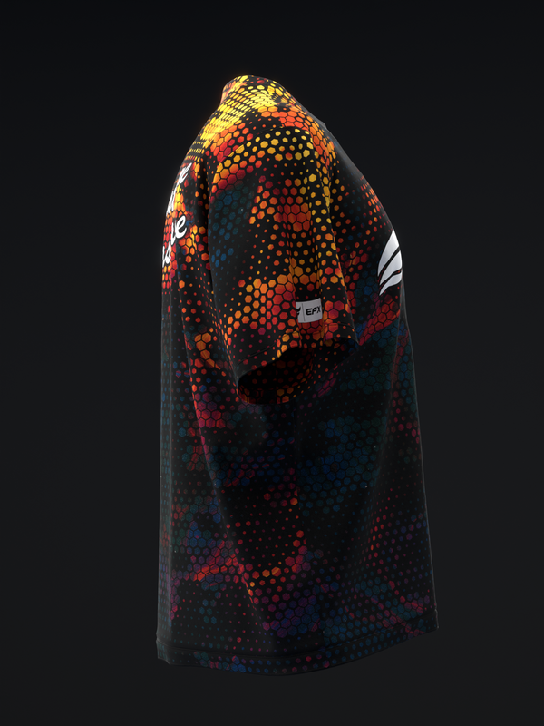 Black bowling jersey with yellow, orange, and red dotted pattern, back view
