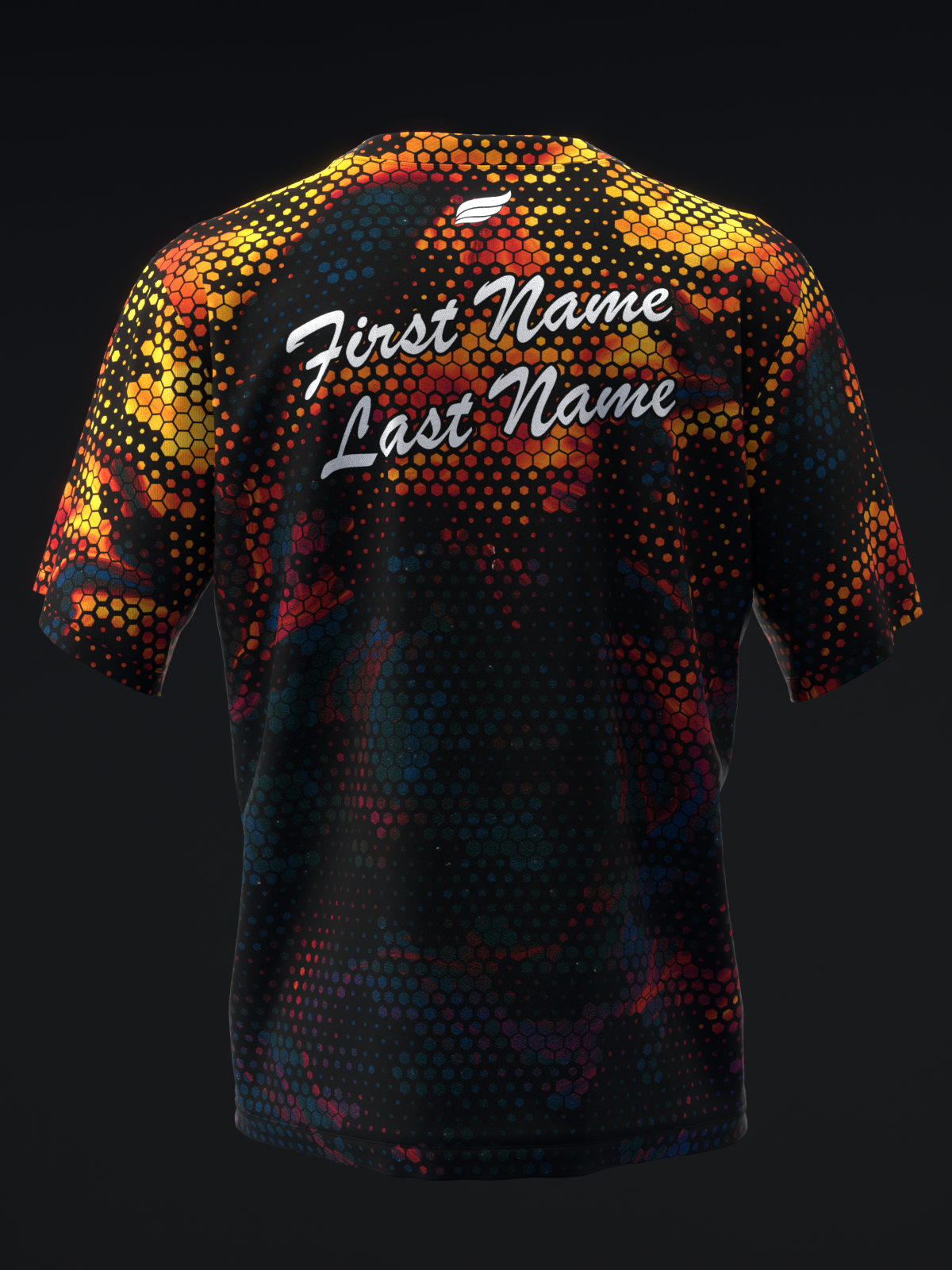 Black bowling jersey with hexagonal orange, red, and yellow gradient pattern and personalized name text on back