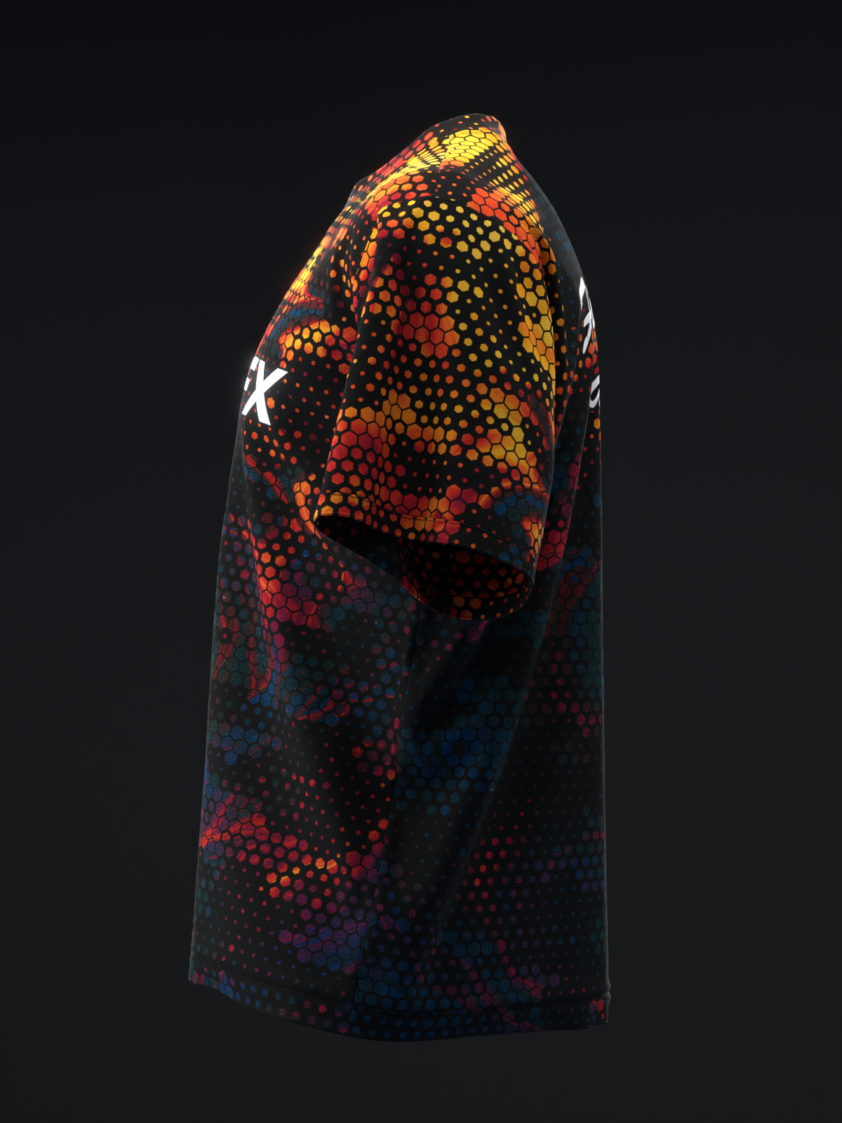 Black bowling jersey with red and yellow pixelated flame design and white logo