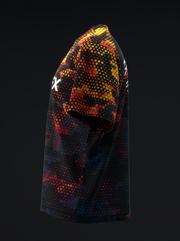 Black bowling jersey with red and yellow pixelated flame design and white logo