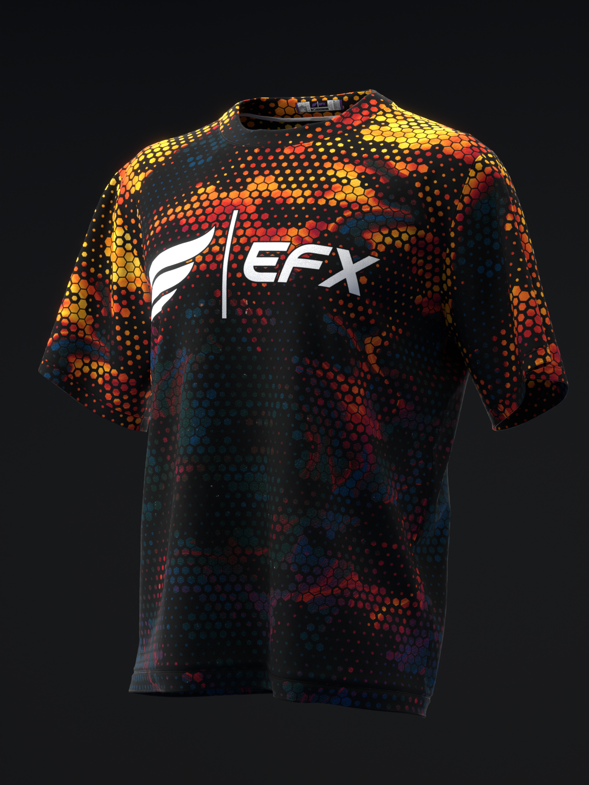 Black bowling jersey with red, yellow, and blue hexagonal dot pattern and white EFX logo