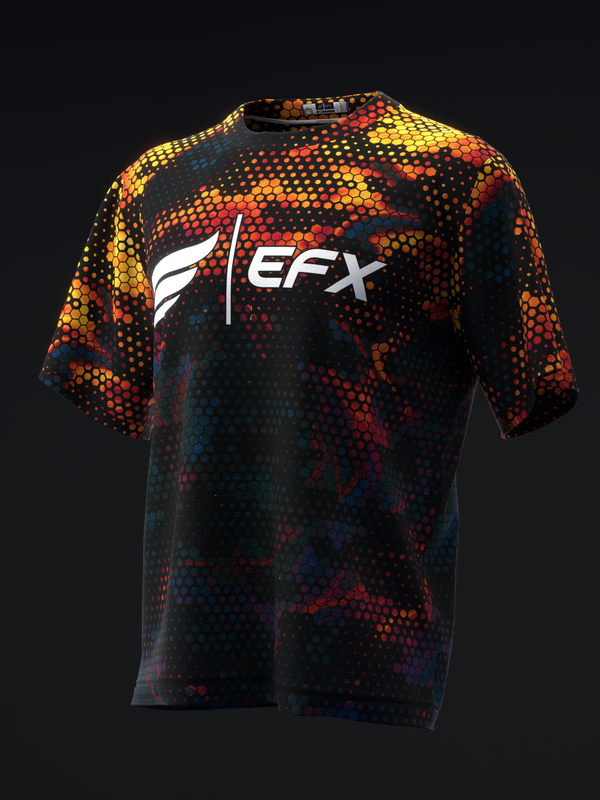 Black bowling jersey with red, yellow, and blue hexagonal dot pattern and white EFX logo