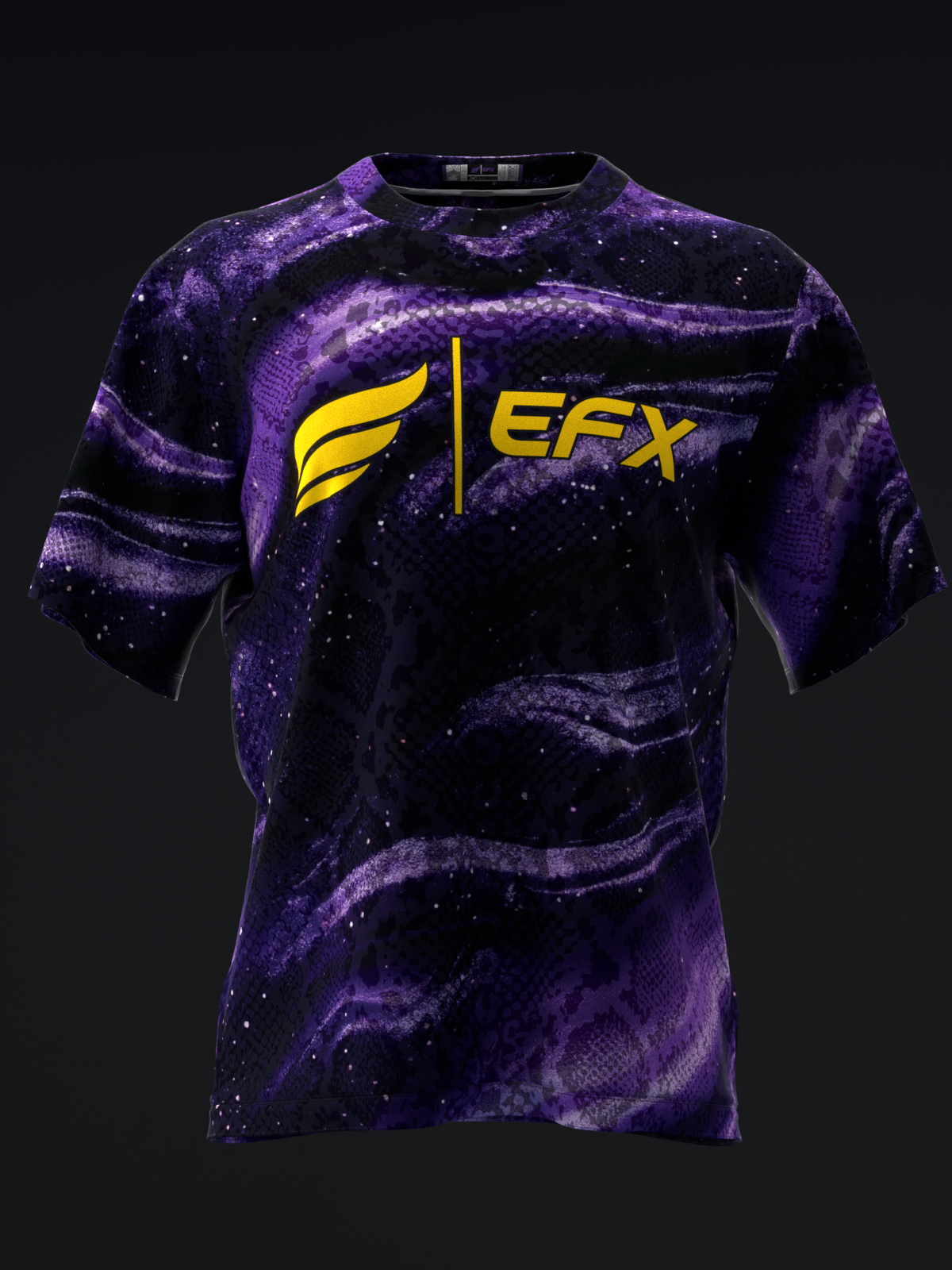 Purple and black galaxy-pattern bowling jersey with yellow EFX logo, front view