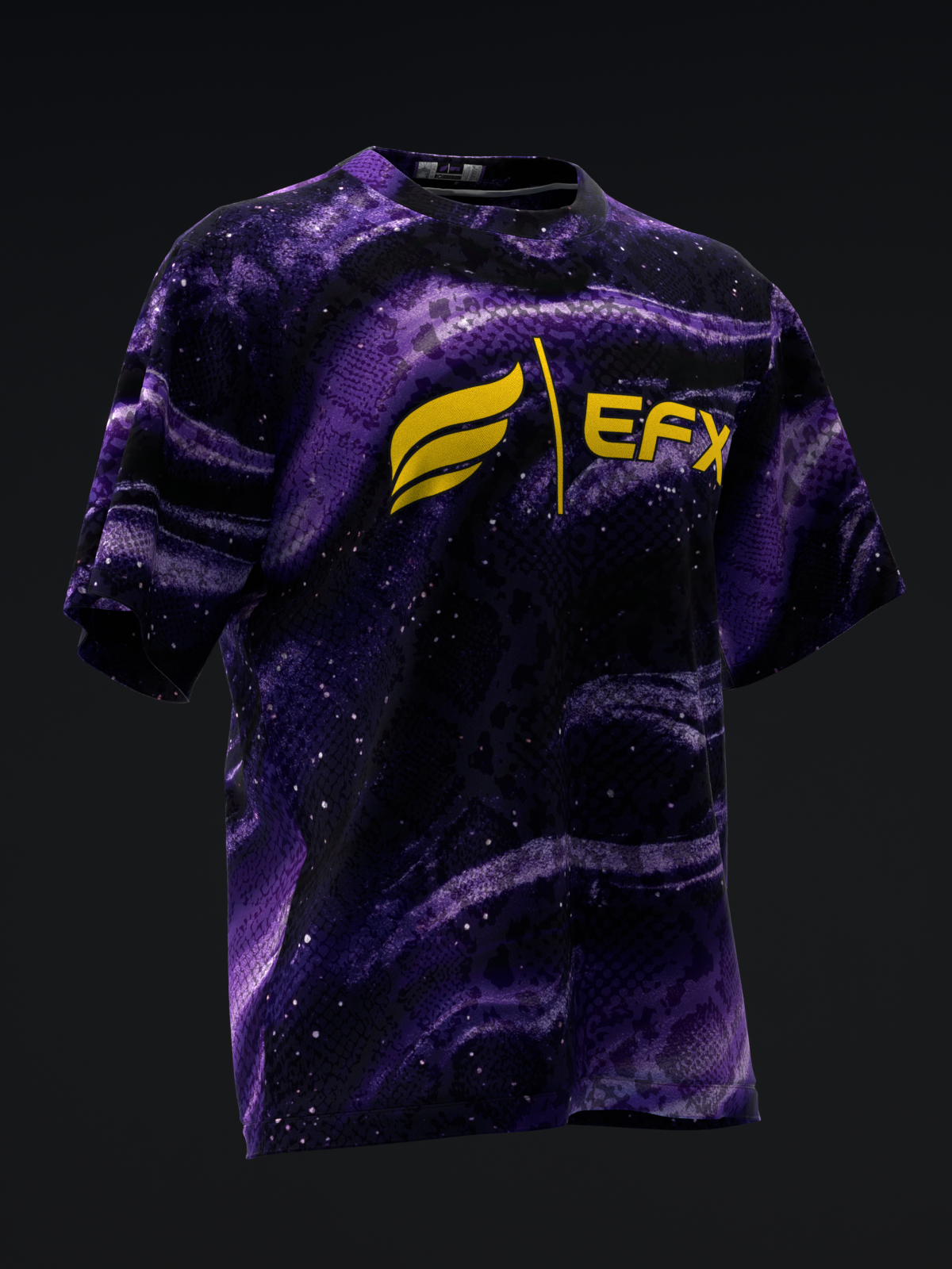 Purple and black galaxy-patterned bowling jersey with yellow EFX logo, front view
