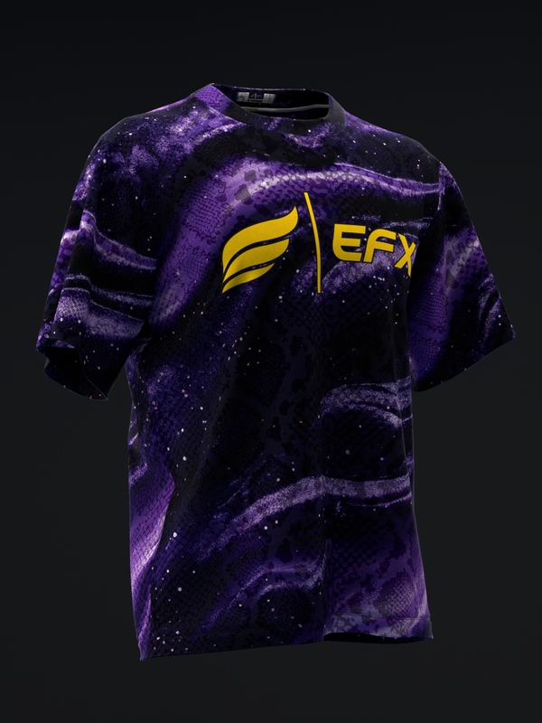 Purple and black galaxy-patterned bowling jersey with yellow EFX logo, front view