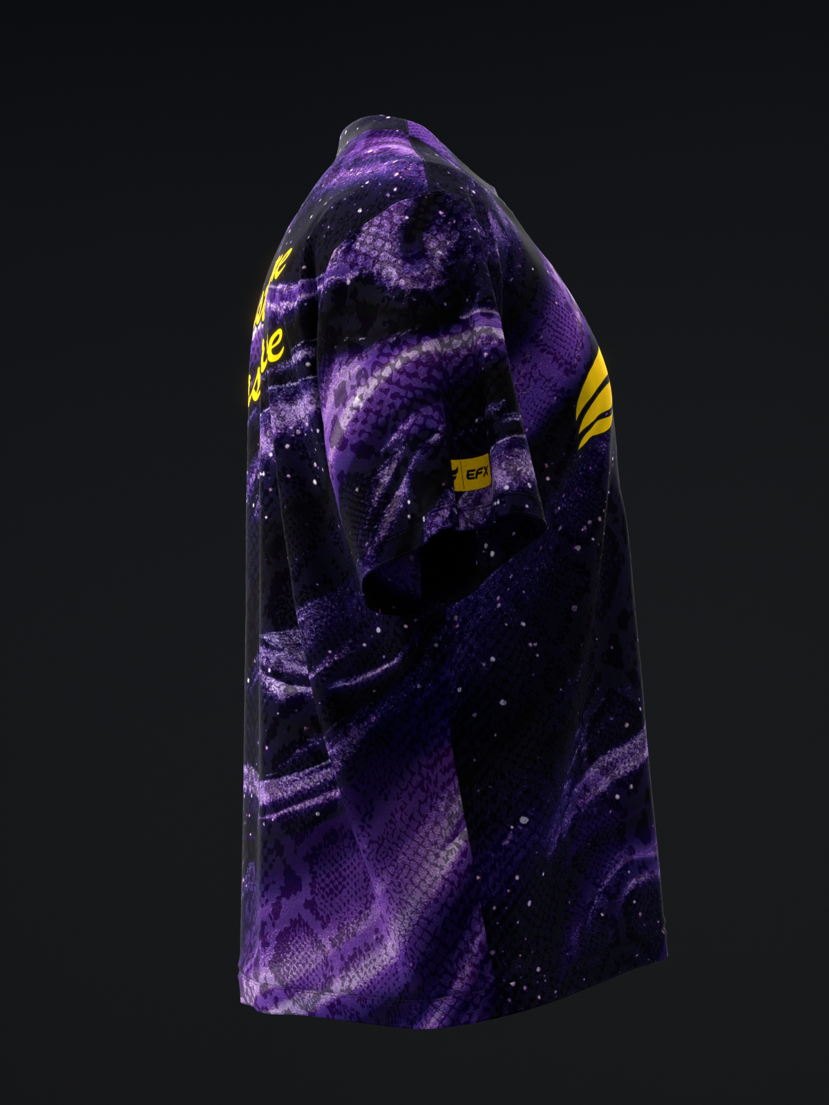Purple and black galaxy bowling jersey with yellow side stripes, back view