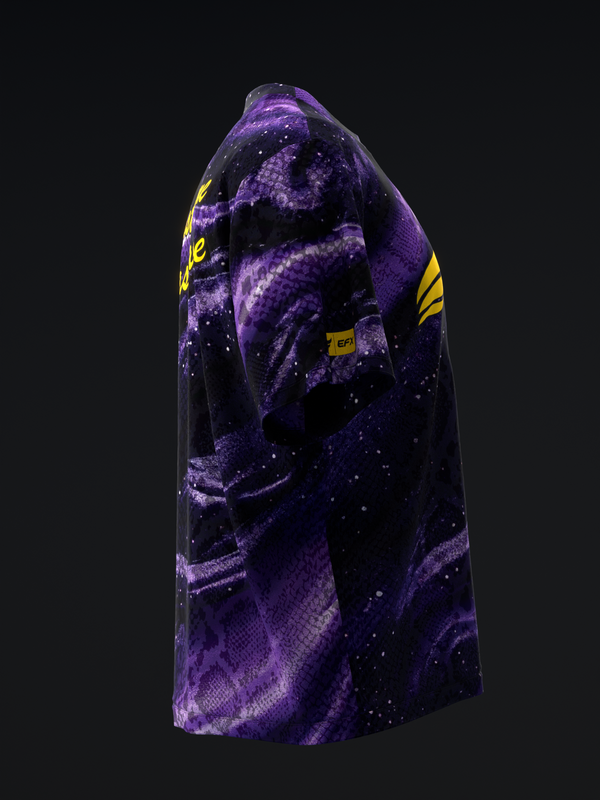 Purple and black galaxy bowling jersey with yellow side stripes, back view