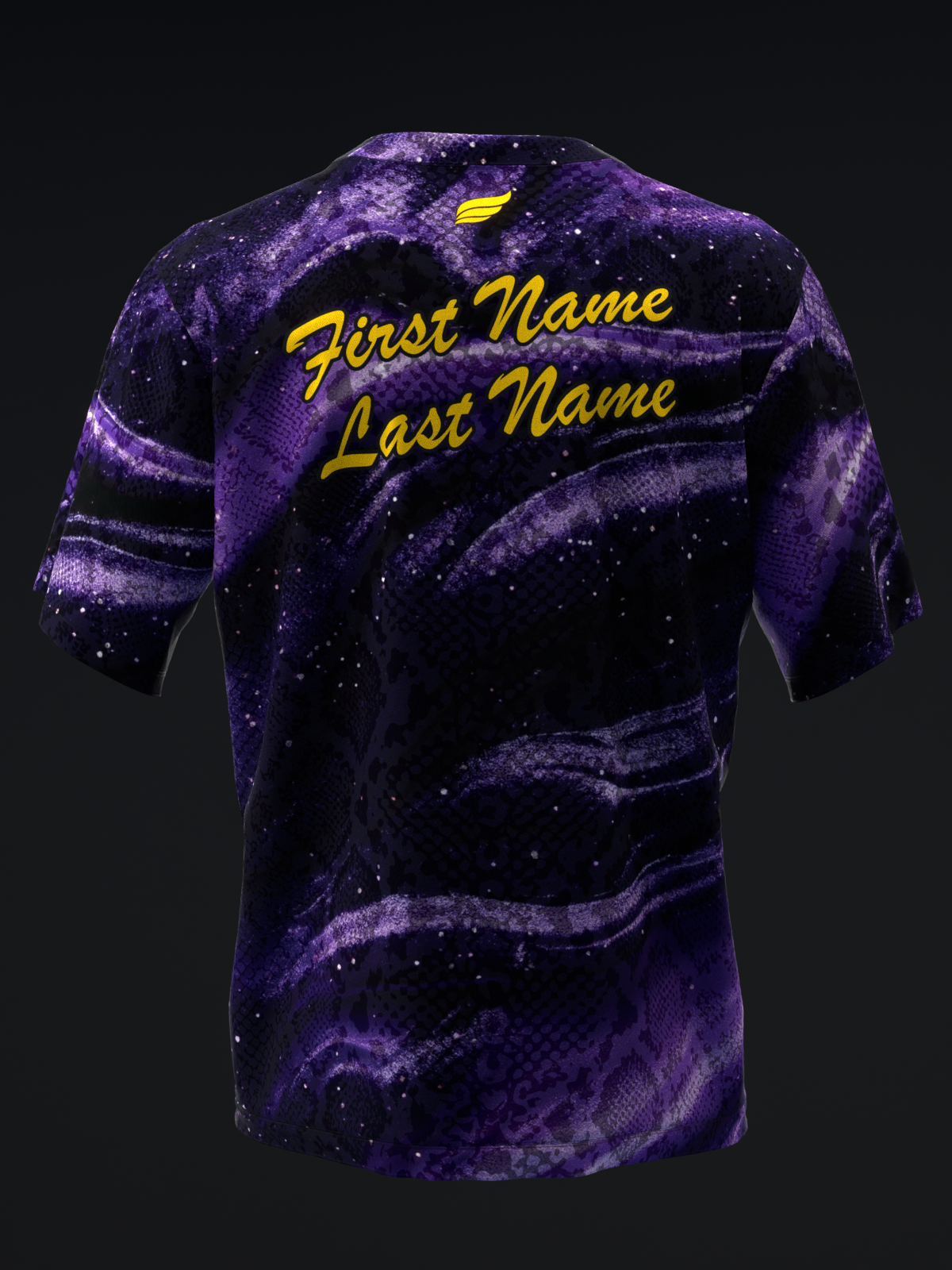 Purple and black galaxy bowling jersey with yellow personalized name text, back view