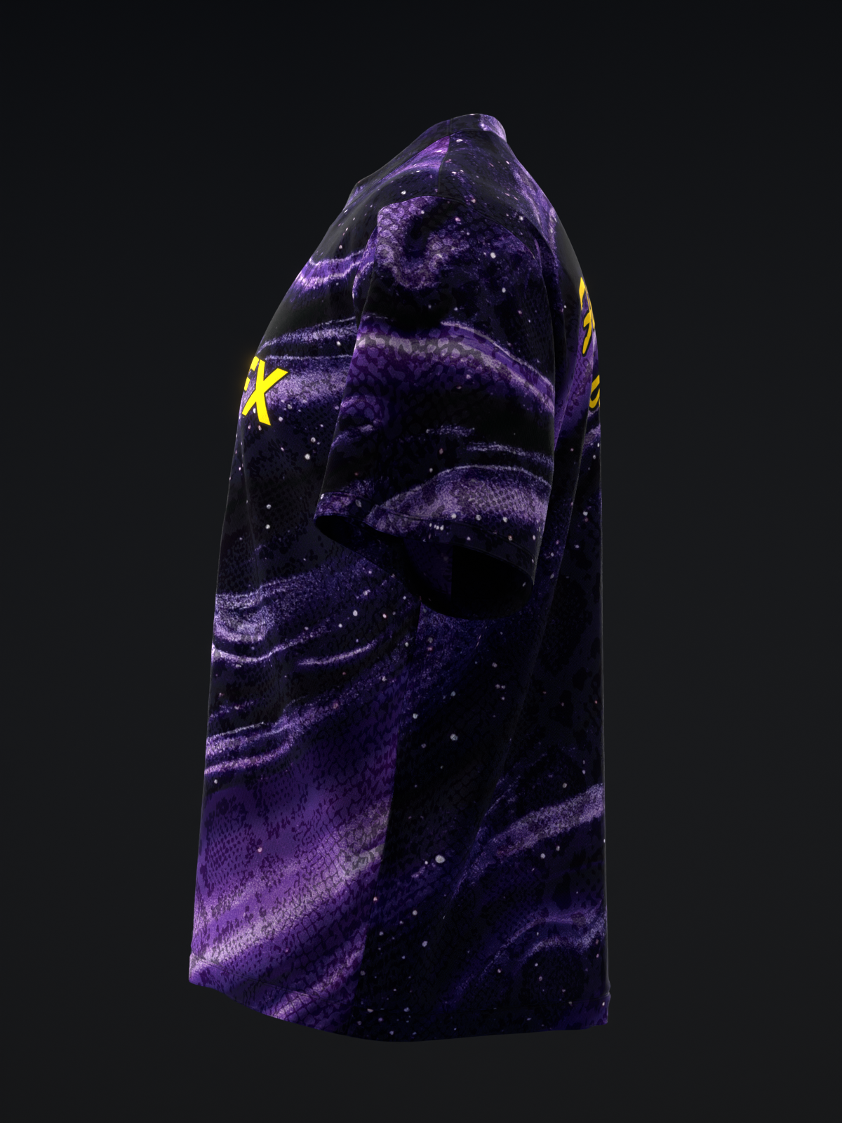 Black bowling jersey with purple and gold swirled design and yellow star graphic