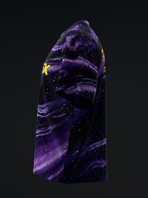Black bowling jersey with purple and gold swirled design and yellow star graphic