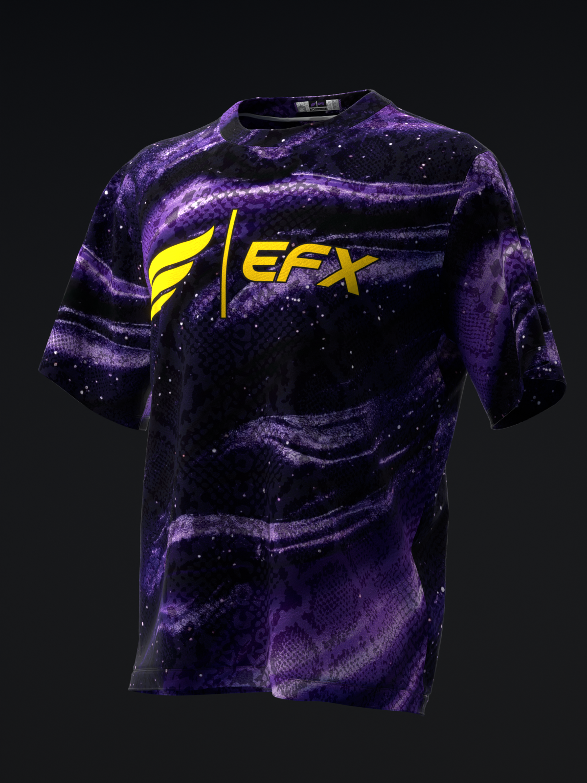Purple and black bowling jersey with yellow EFX logo and swirl pattern, front view