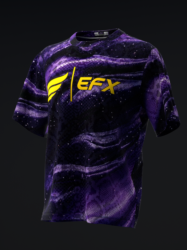 Purple and black bowling jersey with yellow EFX logo and swirl pattern, front view