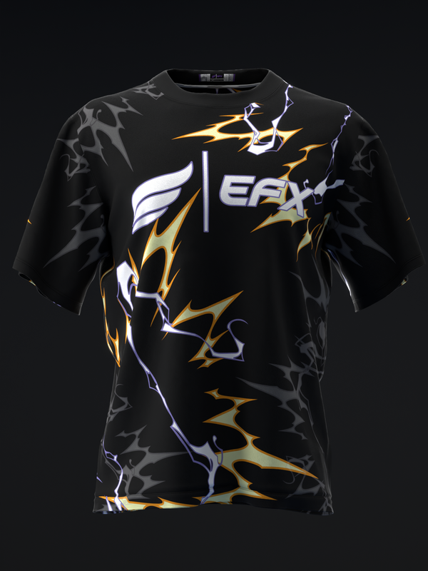 Black bowling jersey with gold and white lightning bolt graphic design, front view