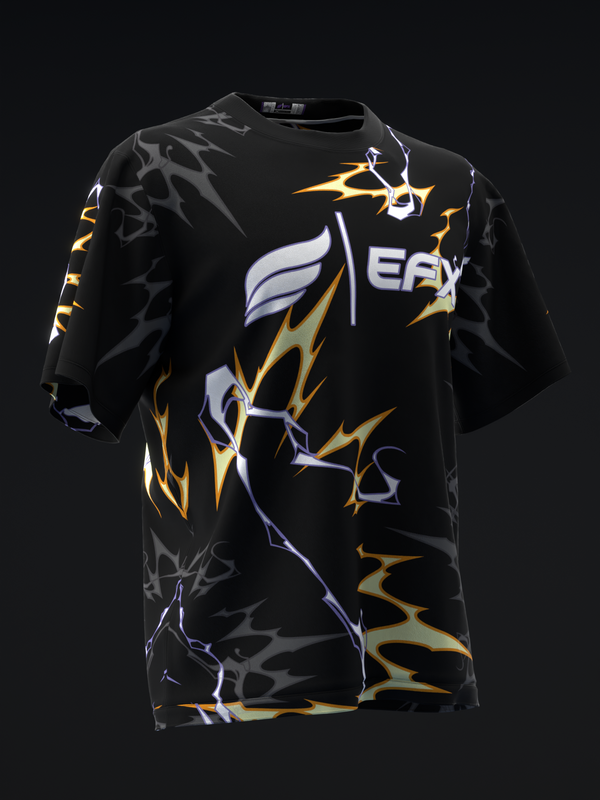 Black bowling jersey with yellow and white lightning bolt graphic design