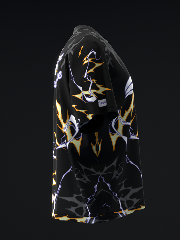 Black bowling jersey with yellow and white lightning bolt graphic design