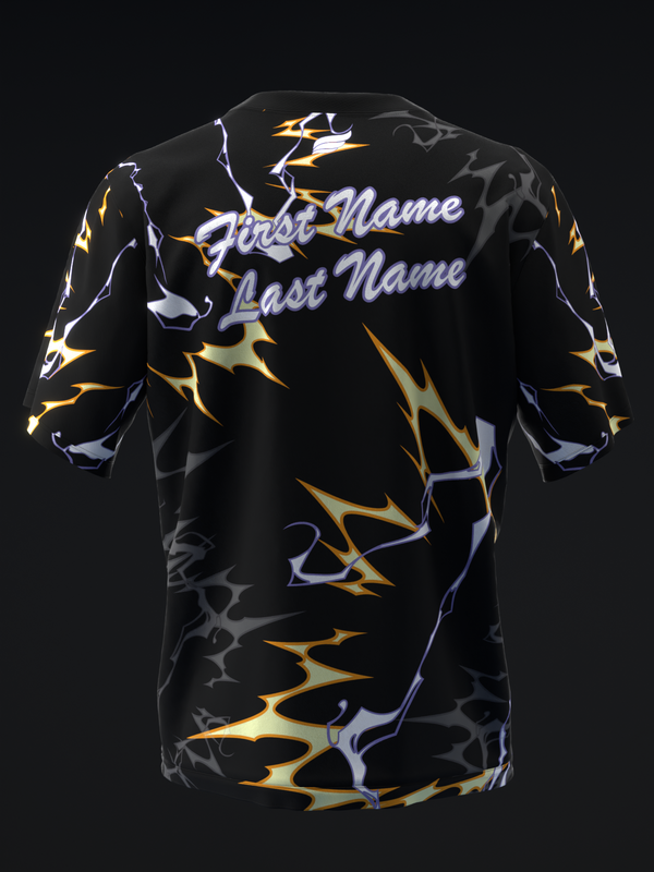 Black bowling jersey with yellow and blue lightning bolt graphic design, back view