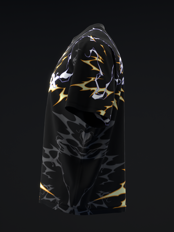 Black bowling jersey with yellow and white lightning bolt graphic pattern