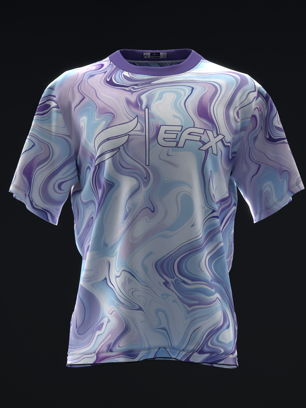 Front view of white lavender bowling jersey with purple marble swirl pattern and EFX logo