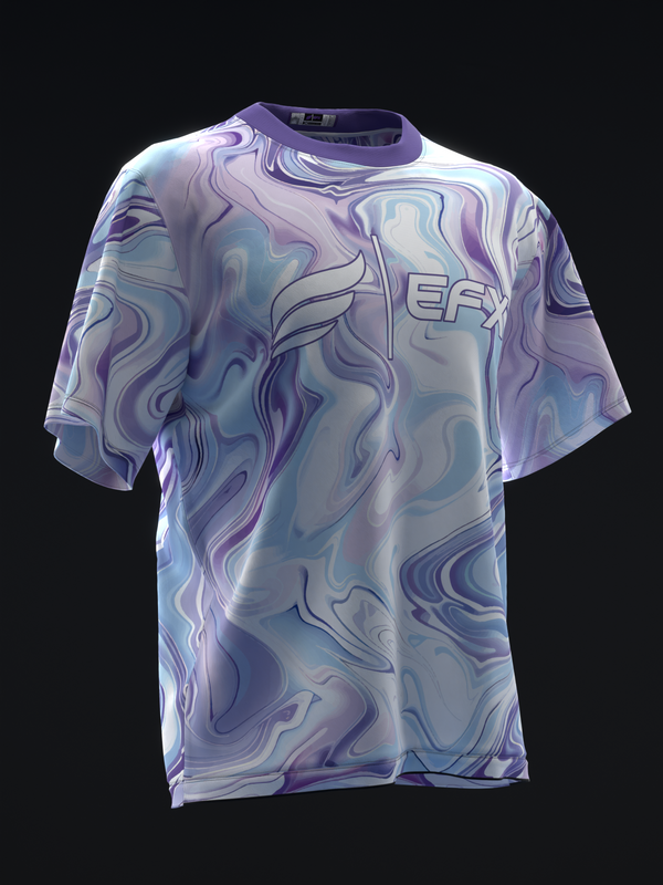 White and lavender bowling jersey with swirled marble pattern and EFX logo