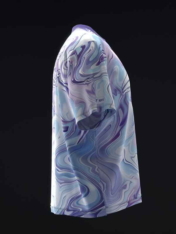 White and lavender bowling jersey with swirled marble pattern, side view