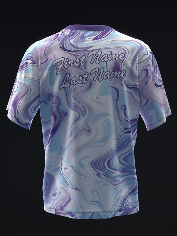 Back view of bowling jersey with white and lavender marble swirl pattern