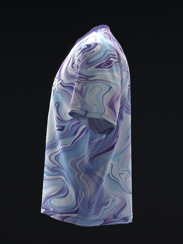 White lavender bowling jersey with abstract swirled marble pattern, side view