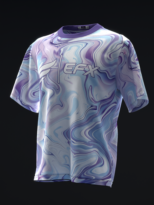 White and lavender marble pattern bowling jersey, front view with EFX logo