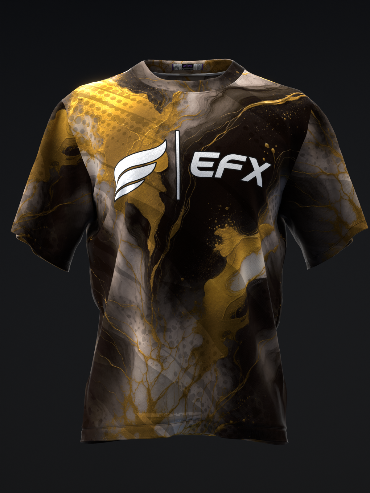 Black and gold marble bowling jersey with white EFX logo, front view
