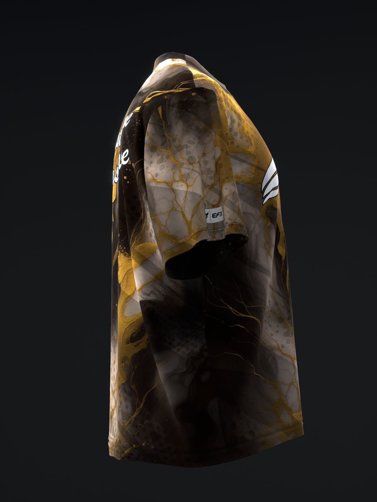 Black bowling jersey with gold and white marble pattern, front view