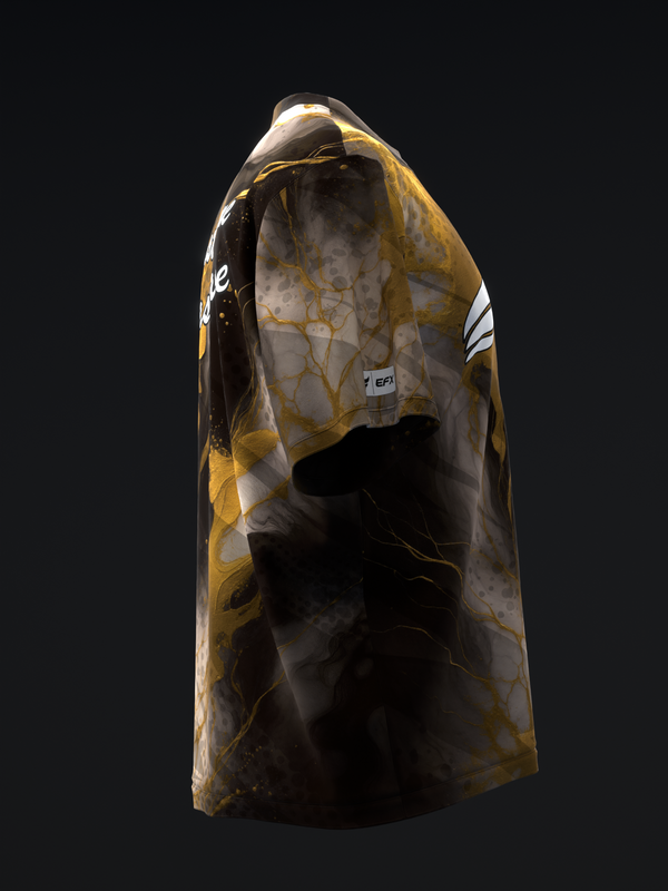 Black bowling jersey with gold and white marble pattern, front view