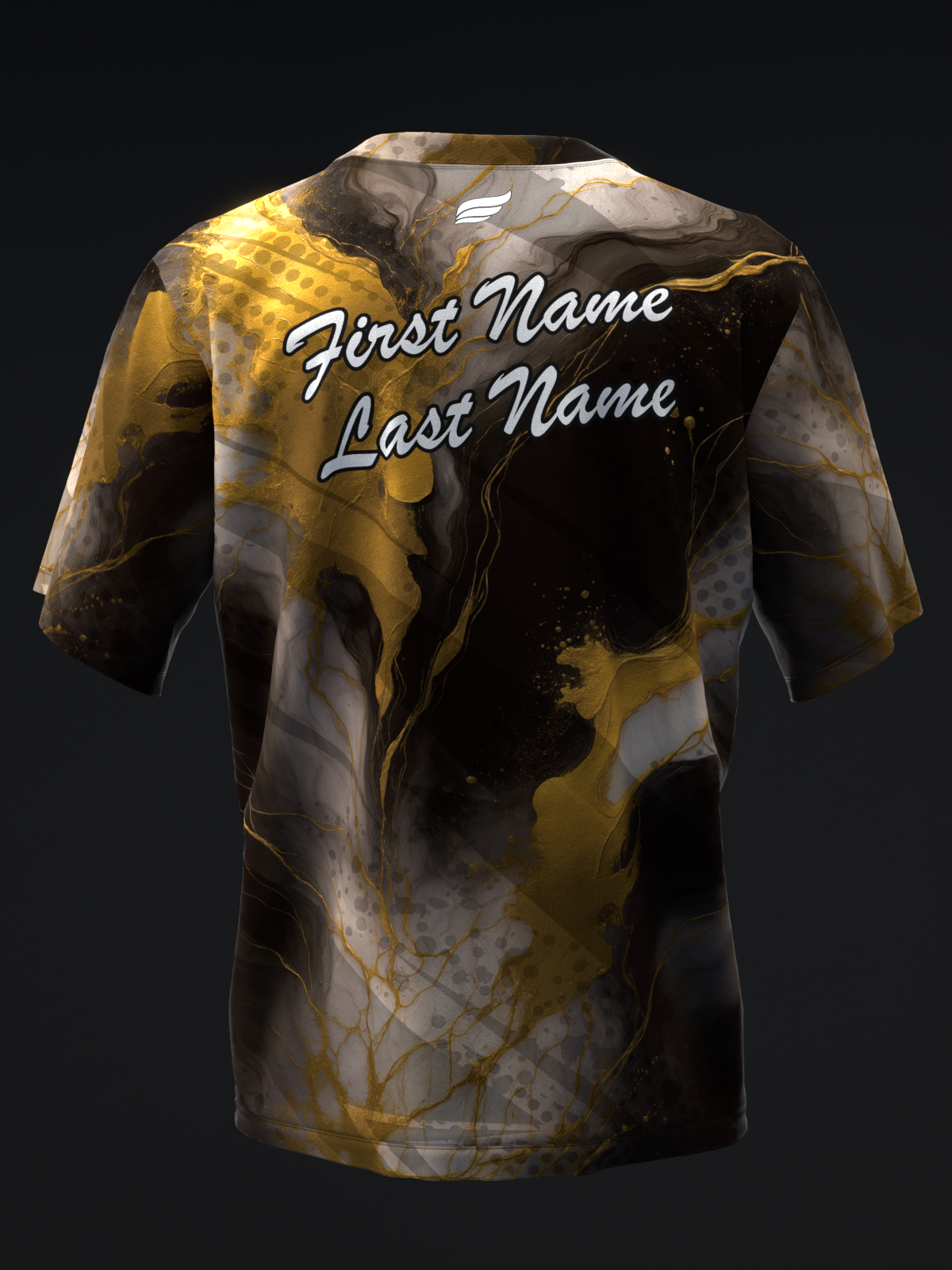 Back view of black and gold marble bowling jersey with personalized name text