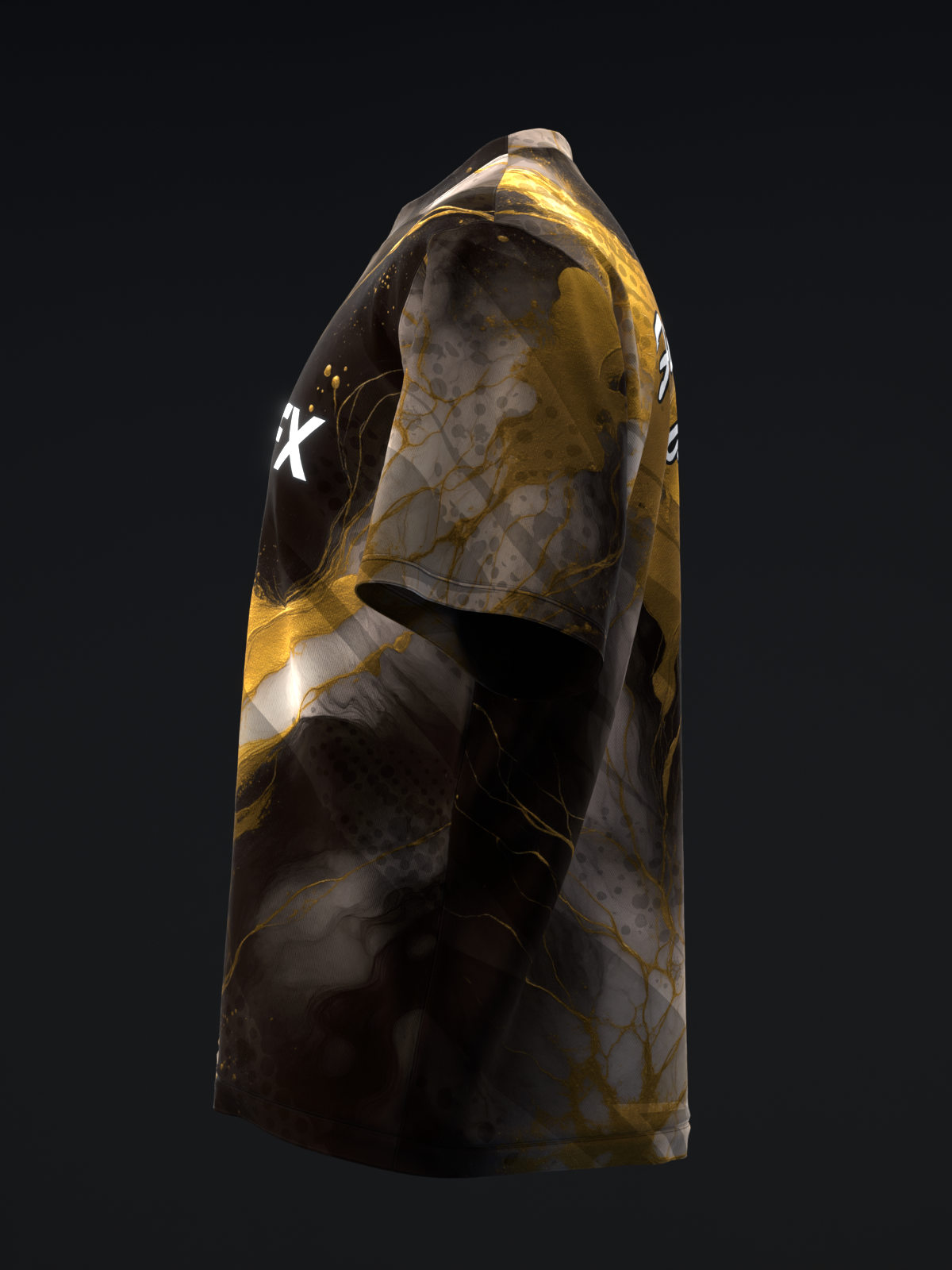 Black bowling jersey with gold marble pattern and white star graphic, side view