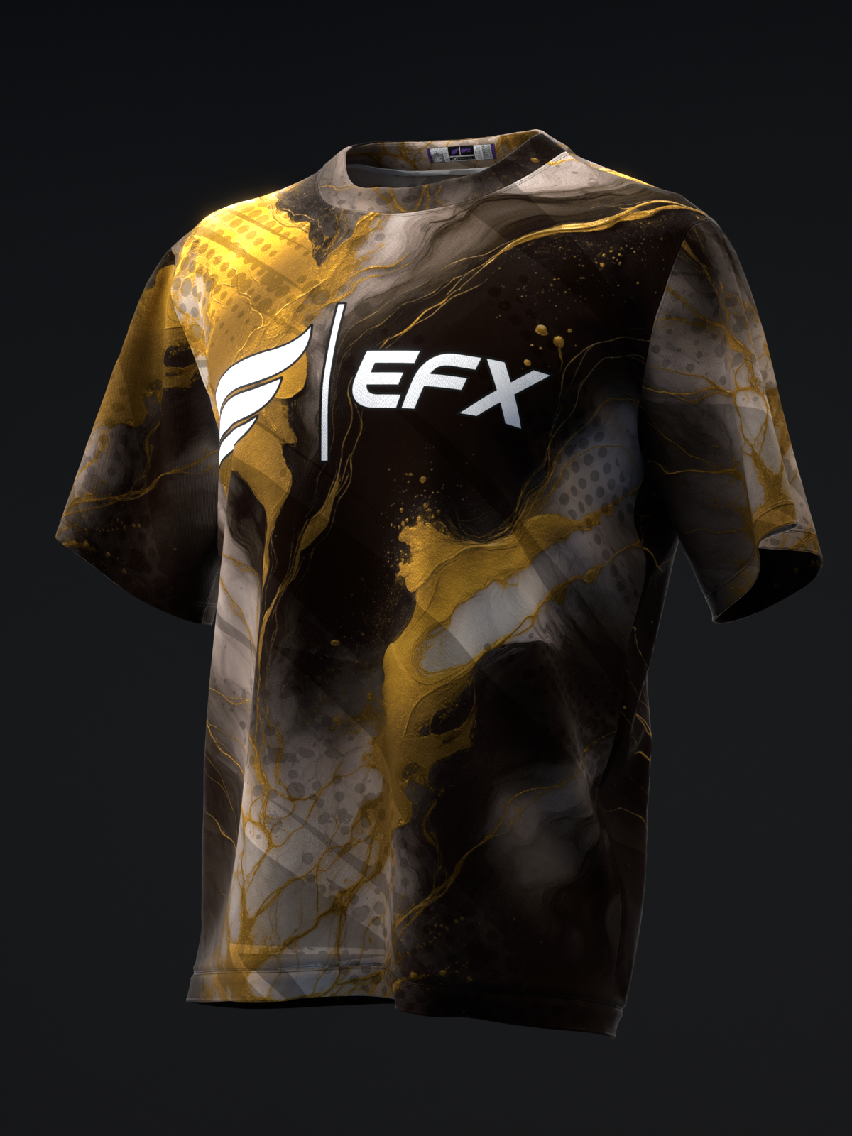 Black and gold marble patterned bowling jersey with EFX logo, front view