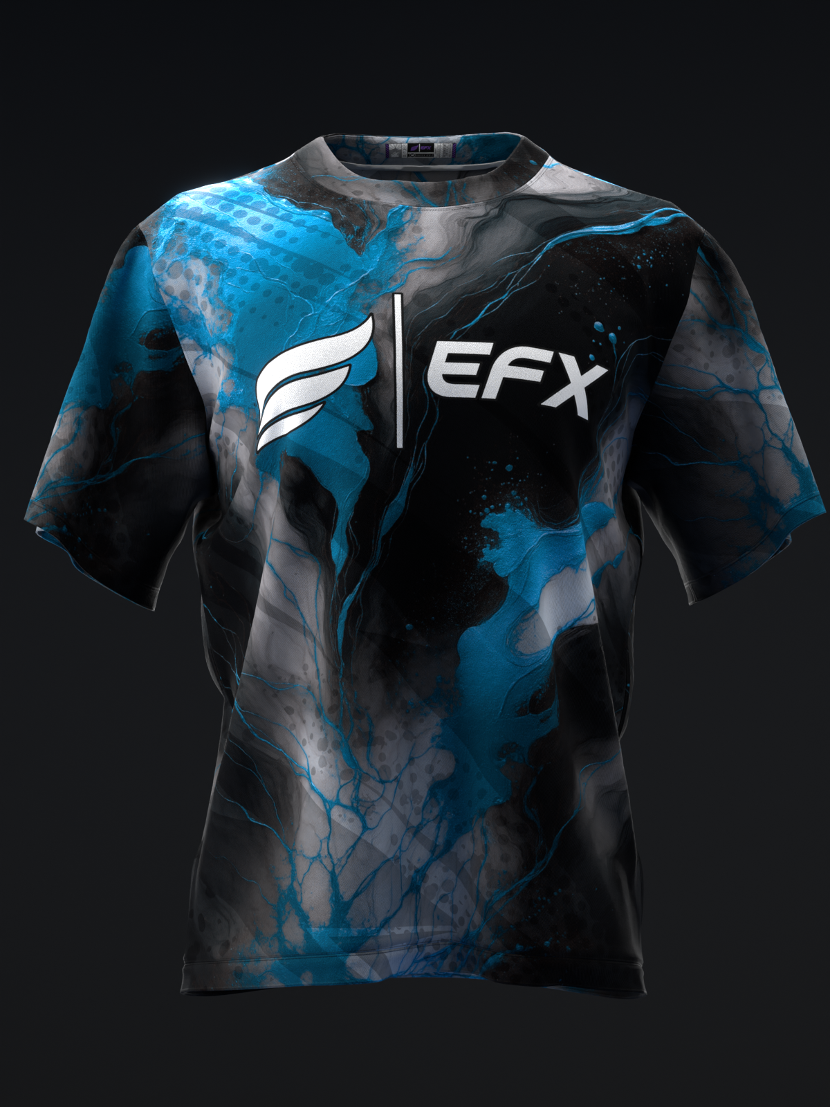 Black and blue marble pattern bowling jersey with EFX logo, front view