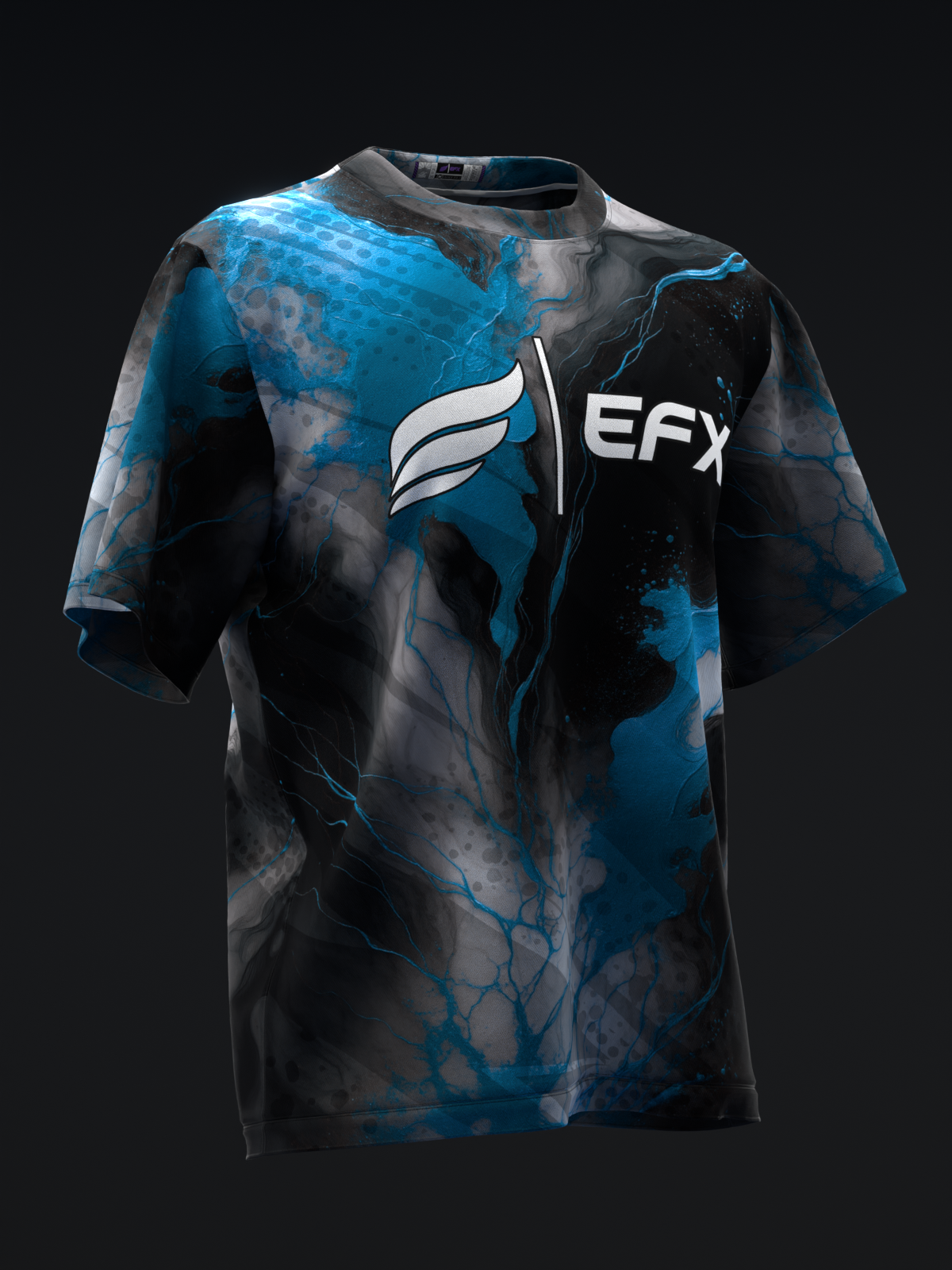 Front view bowling jersey with blue, black, and gray marble pattern and EFX logo