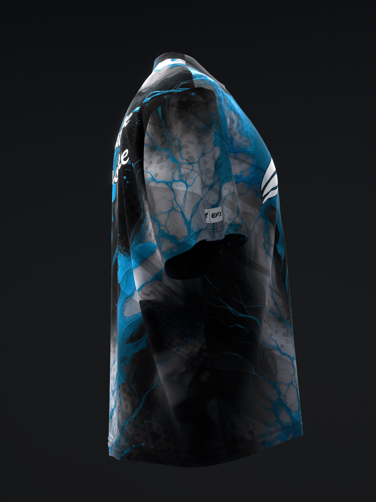 Black bowling jersey with blue marble pattern and white stripe detail, side view