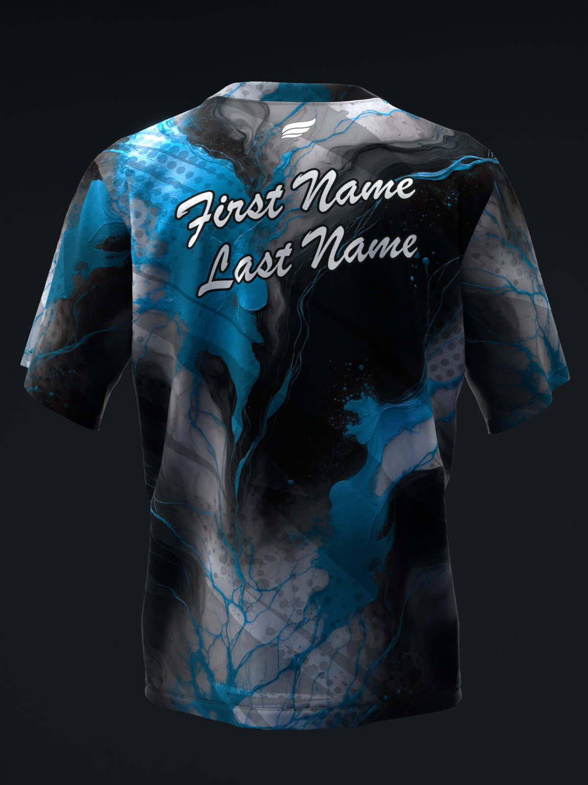 Black bowling jersey with blue marble design and personalized name text on back