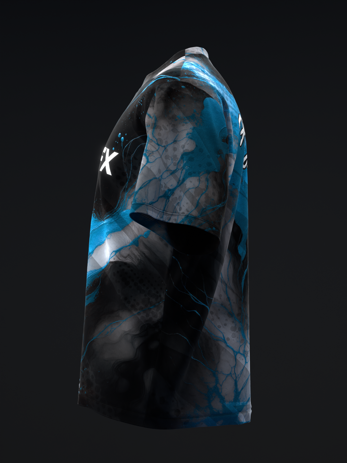 Black bowling jersey with blue marble pattern and white accent graphic, side view