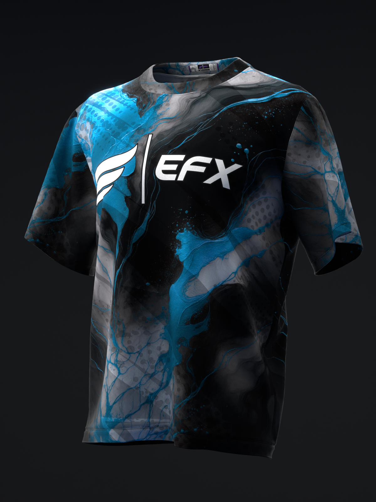 Black bowling jersey with blue marble pattern and EFX logo, front view