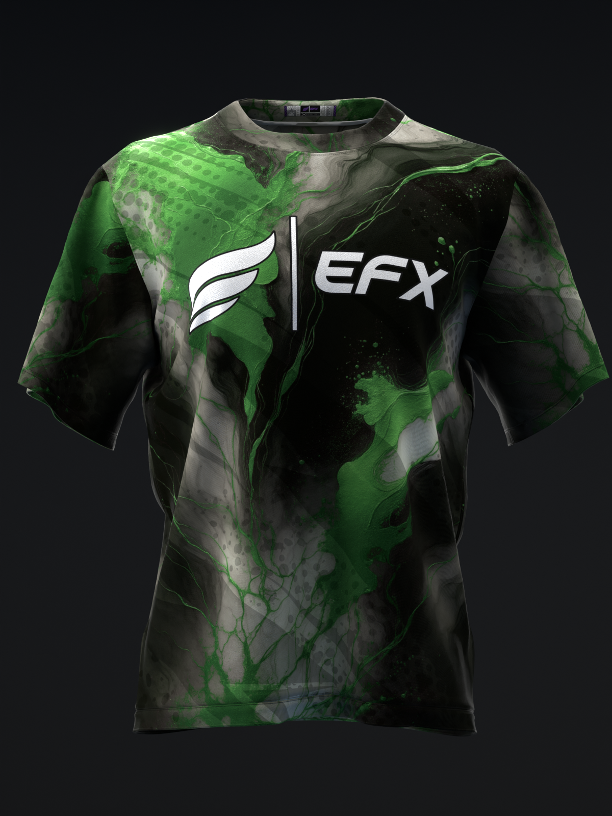 Green and black marble-patterned bowling jersey with white EFX logo