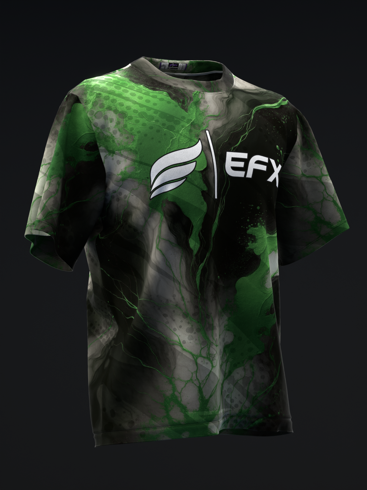 Green and black marble print bowling jersey front view with EFX logo