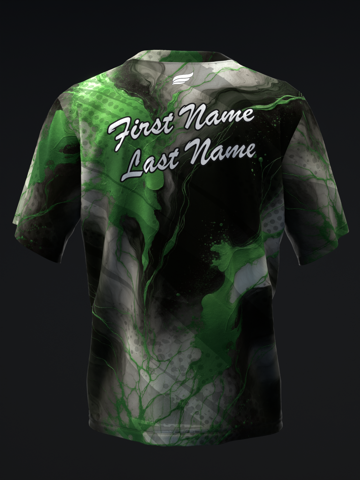 Back view of bowling jersey with green and black marble pattern and personalized name text
