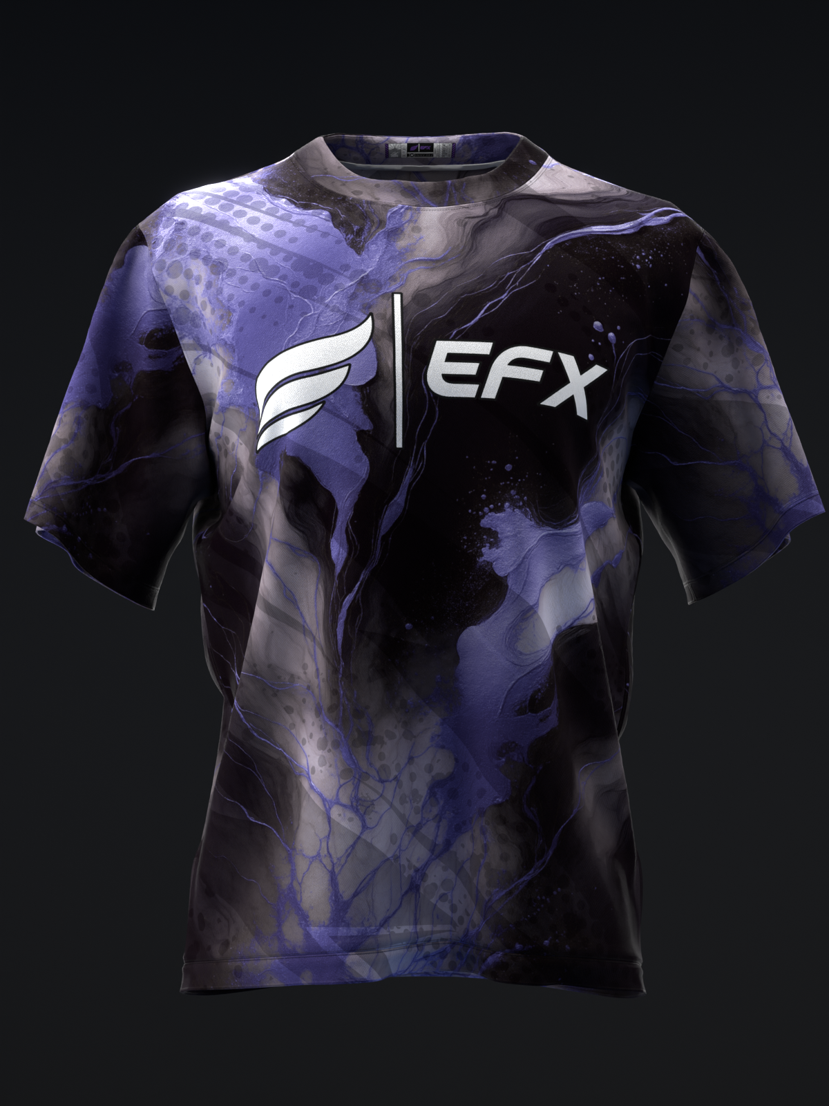 Black and purple marble bowling jersey with EFX logo, front view