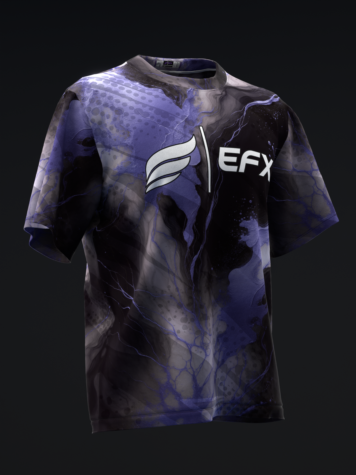 Purple and black marble bowling jersey with EFX logo, front view