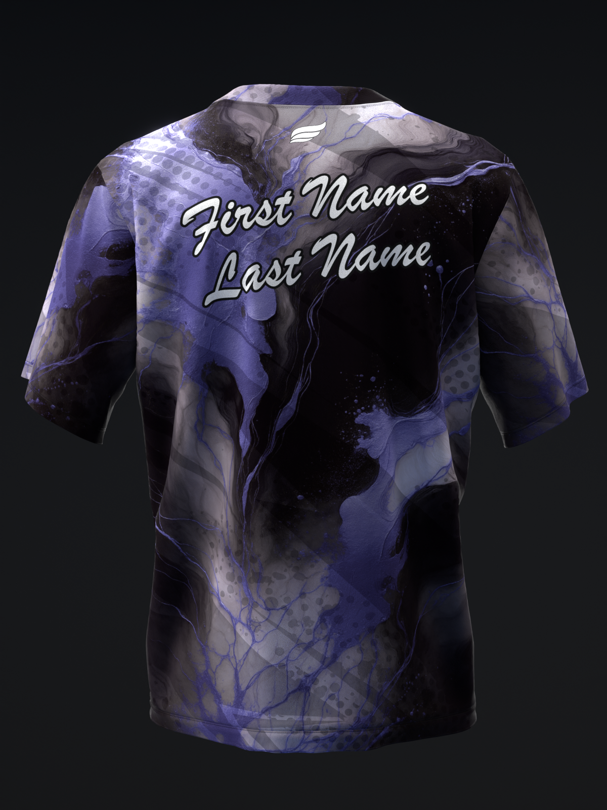 Purple and black marble bowling jersey back view with personalized text placement