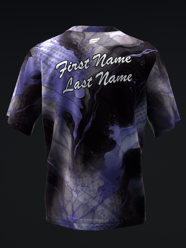 Purple and black marble bowling jersey back view with personalized text placement