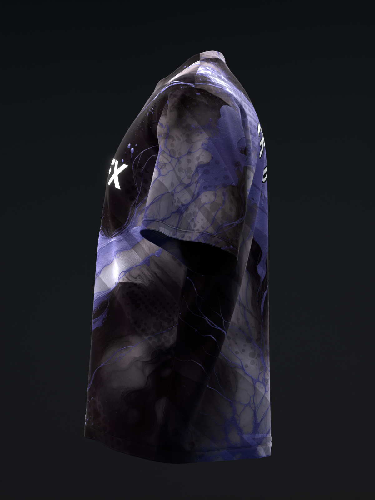 Black bowling jersey with purple marble pattern and white star graphic, side view